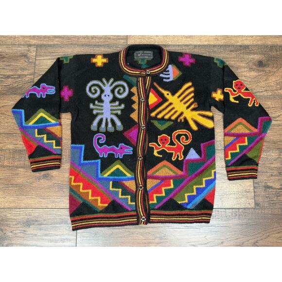 VTG Illary Peruvian Baby Alpaca Cardigan Sweater Women Large Colorful Primitive - Picture 1 of 8